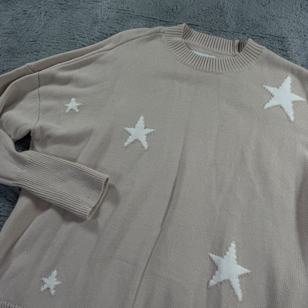 Pistola Star Print Sweater Women Med Tan Beige Cotton Knit Pullover P2030HCS